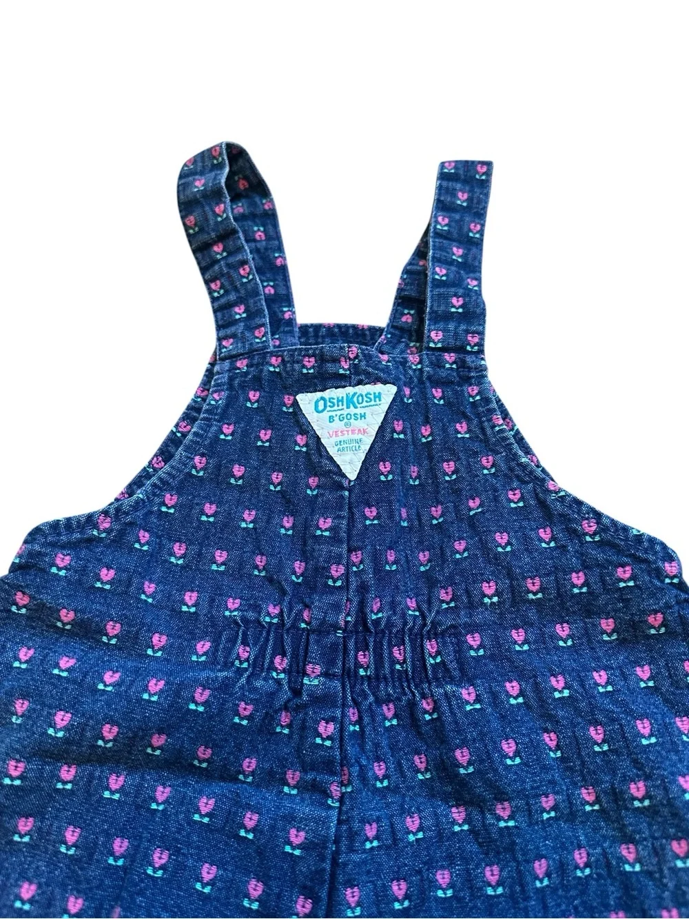 Vintage OshKosh B’Gosh Vestbak Denim Jumper Dress Pink Hearts Floral Union Made